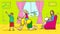 Cartoon Happy family at home. Father playing with children, mother sitting in an armchair.