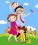 Cartoon of happy family walking outdoors with dog.