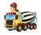 Cartoon happy and funny child - girl in toy construction site truck - on white background