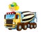 Cartoon happy and funny child - girl in toy construction site truck - on white background