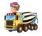 Cartoon happy and funny child - girl in toy construction site truck - on white background