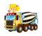 Cartoon happy and funny child - girl in toy construction site truck - on white background