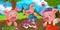 Cartoon happy and funny farm scene with cheerful pigs looking at turnips