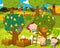Cartoon happy and funny farm scene with fruit orchard apple trees and pear trees - illustration