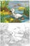 Cartoon happy and funny farm scene with happy bird duck sketchbook illustration