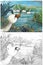 Cartoon happy and funny farm scene with happy bird swan sketchbook illustration