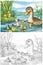 Cartoon happy and funny farm scene with happy birds ducks family sketchbook illustration