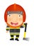 Cartoon happy and funny fireman walking with extinguisher - isolated - illustration