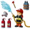 Cartoon happy and funny fireman working on white background with tools - illustration