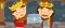 Cartoon happy and funny two knights or kings in the castle room with storm cloud between them