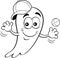 Cartoon happy ghost wearing a baseball cap while tossing a baseball.