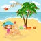 Cartoon happy girl playing in sand and building Christmas fir tree