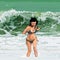 Cartoon happy girl runs out of the sea