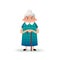 Cartoon happy grandmother with a cane. Old woman with glasses. Flat illustration on white background. Funny granny.