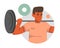 Cartoon happy guy lifts barbell to gain muscle mass vector
