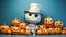 Cartoon happy Halloween with cute skeleton and jack o lantern pumpkins on blue background