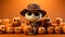 Cartoon happy Halloween with cute skeleton and jack o lantern pumpkins on orange background