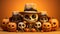 Cartoon happy Halloween with cute skeleton and jack o lantern pumpkins on orange background