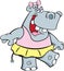Cartoon happy hippopotamus wearing a ballet tutu while dancing.