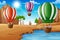 Cartoon happy kids riding hot air balloon in the desert
