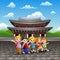 Cartoon of happy kids study tour in Changdeokgung palace