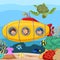 Cartoon happy kids in submarine underwater journey