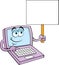 Cartoon happy laptop computer holding a sign.