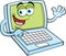 Cartoon happy laptop computer waving.