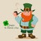 Cartoon happy leprechaun. Character with green hat, red beard, smoking pipe and four leaf clover.