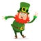 Cartoon happy leprechaun dancing in green hat with a clover isolated on whiite.