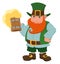 Cartoon happy leprechaun holding a pint of fresh beer.