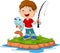 Cartoon happy little boy fishing