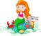 Cartoon happy little mermaid sitting on the rock