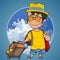 Cartoon happy man with a suitcase going on vacation