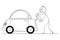 Cartoon of Happy Man Winding Up or Charging Electric Car by Toy Key