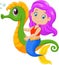 Cartoon happy mermaid swimming with seahorse