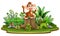 Cartoon happy monkey standing on tree stump with green plants