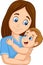 Cartoon happy mother hugging her baby