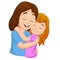 Cartoon happy mother hugging her daughter