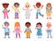 Cartoon happy multicultural children waving hello and smiling. Kindergarten kid characters with greeting gesture. Boys