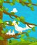 Cartoon happy nature scene with eagles in the nest