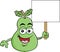 Cartoon happy pear holding a sign.