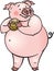 Cartoon happy pink pig holding a coin money