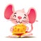 Cartoon happy pinky rat with big ears holdings large cheese cake with two hands