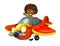 Cartoon happy scene with kid girl in toy traditional plane with propeller flying