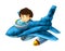 Cartoon happy scene with kid in toy fast plane with