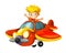 Cartoon happy scene with kid in toy traditional plane with propeller flying