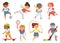 Cartoon happy school children playing sports and exercising. Sport activities for kids baseball, skipping rope, tennis