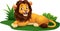 Cartoon happy sitting lion in grass