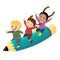 Cartoon of happy three kids riding a flying pencil on white background